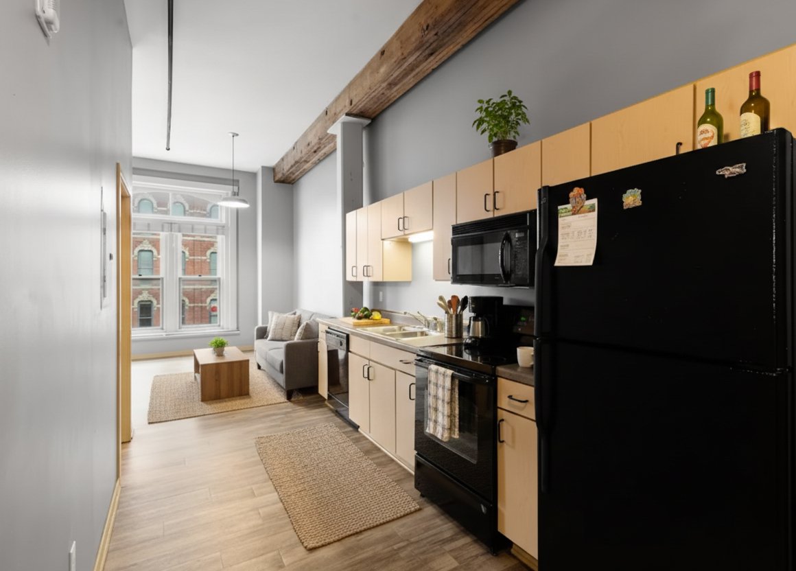 Kitchen and living space with an exposed wood ceiling beam, looking out toward a Court Avenue District brick building