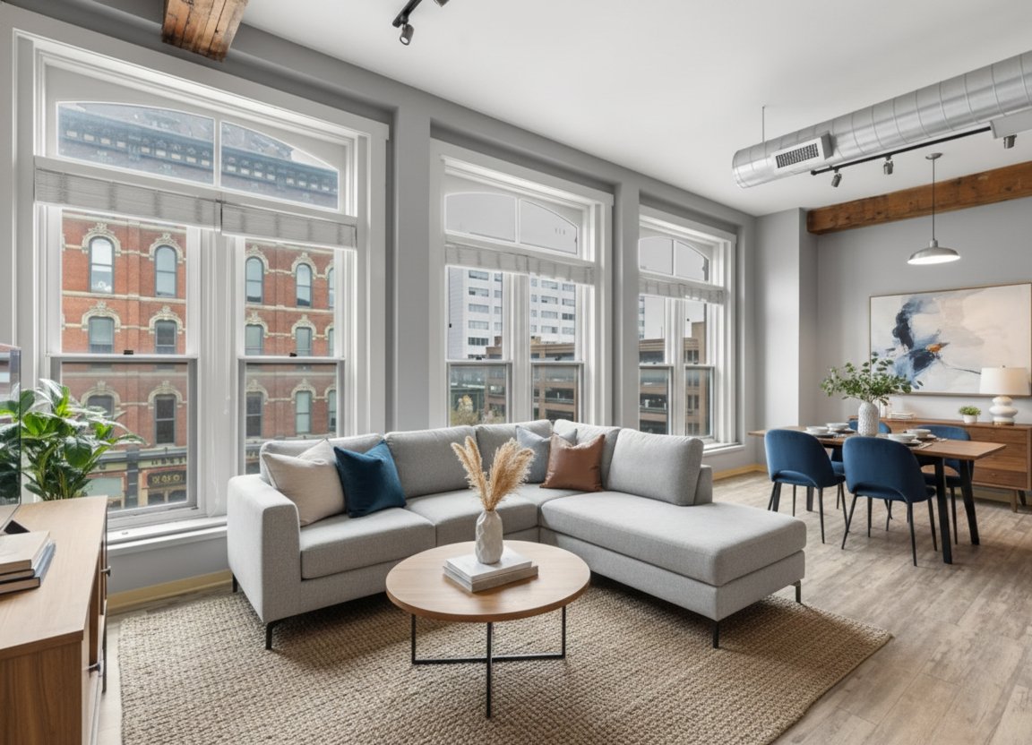 Two-bedroom living and dining space with a view of a historic brick building on Court Avenue