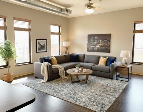 A living room with a sectional sofa and city-view artwork
